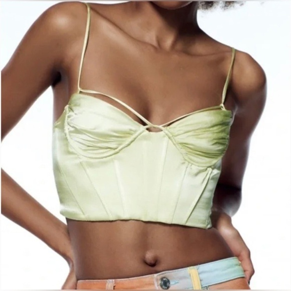Zara Satin Corset Crop Top Women M Lime Green Strappy Bustier Y2K Festival Party